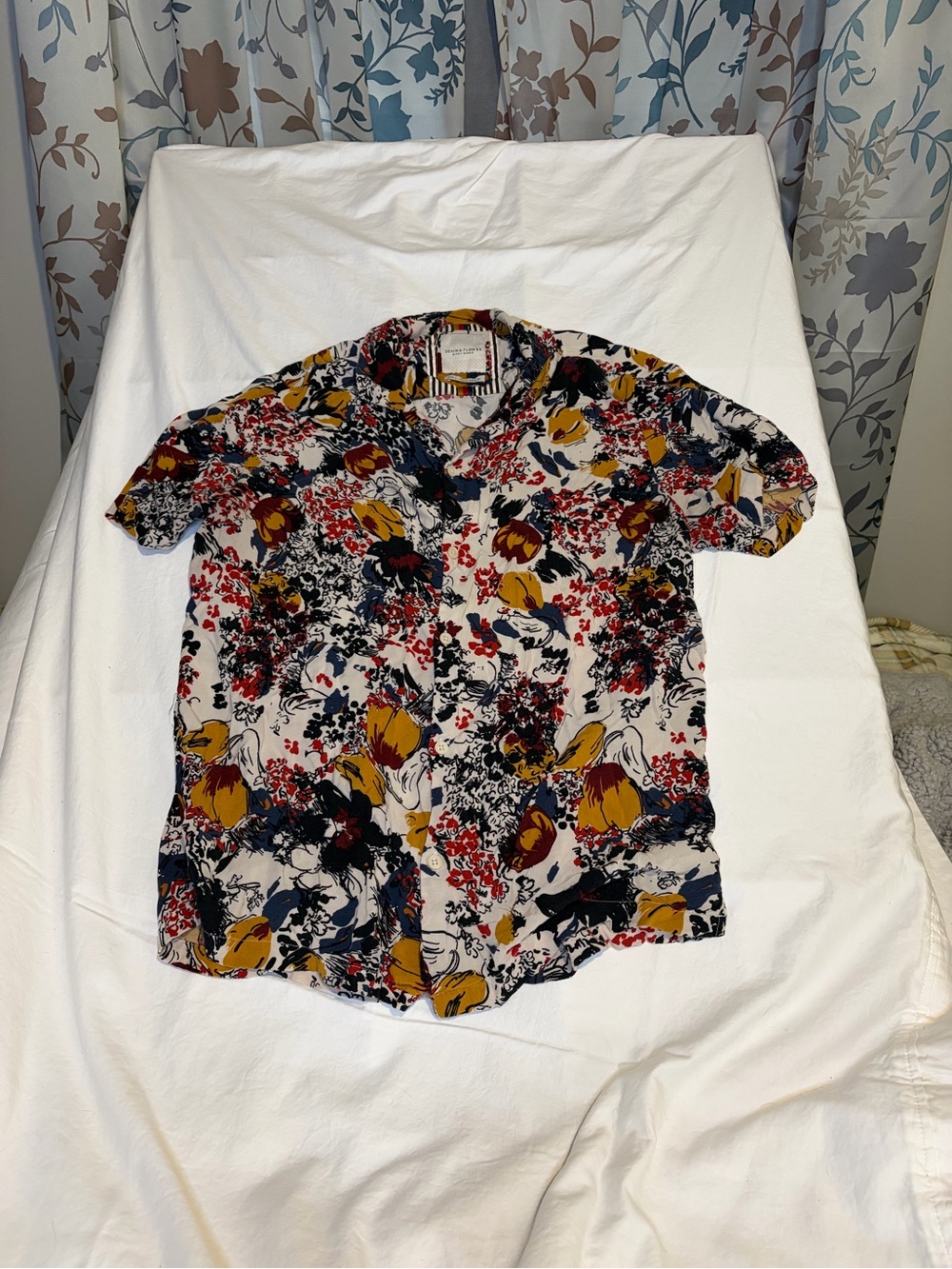 Denim & Flower Short-Sleeve Button-Down Shirt - Navy, Mustard, Red, Cream